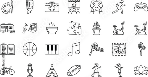 Leisure and Hobby Icon Set Featuring Sports, Music, Photography, Fitness, Games, and Outdoor Activities for Fun and Recreation Designs