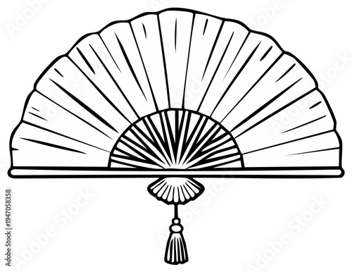 Traditional Asian folding fan open with decorative tassel and striped pattern vector illustration
