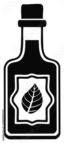 Black herbal tincture bottle icon with leaf for medicine essential oils