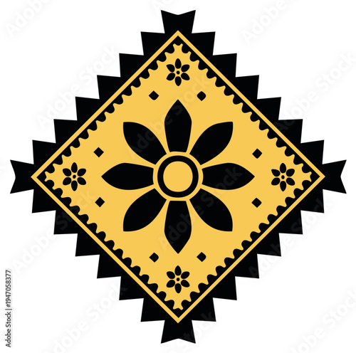 Symmetrical folk art floral medallion with a geometric diamond pattern