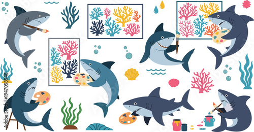 Cute shark artist cartoon set painting colorful coral reef underwater with brush palette creative ocean animal vector illustration