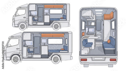 Camper Van Interior Layout Cutaway Mobile Home RV Living Space Design Illustration