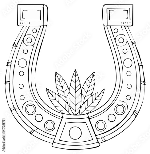 Decorative horseshoe with feathers and geometric patterns for luck