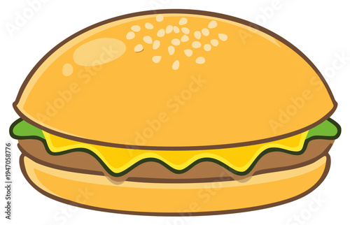 Cartoon Style Hamburger with Cheese and Lettuce Vector Illustration