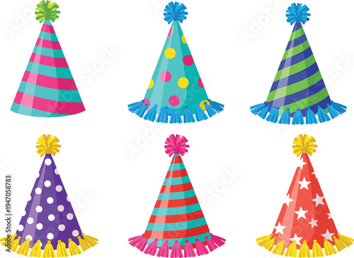 Colorful birthday party hats collection vector illustration, festive cone caps with stripes dots and stars, celebration decoration icons isolated