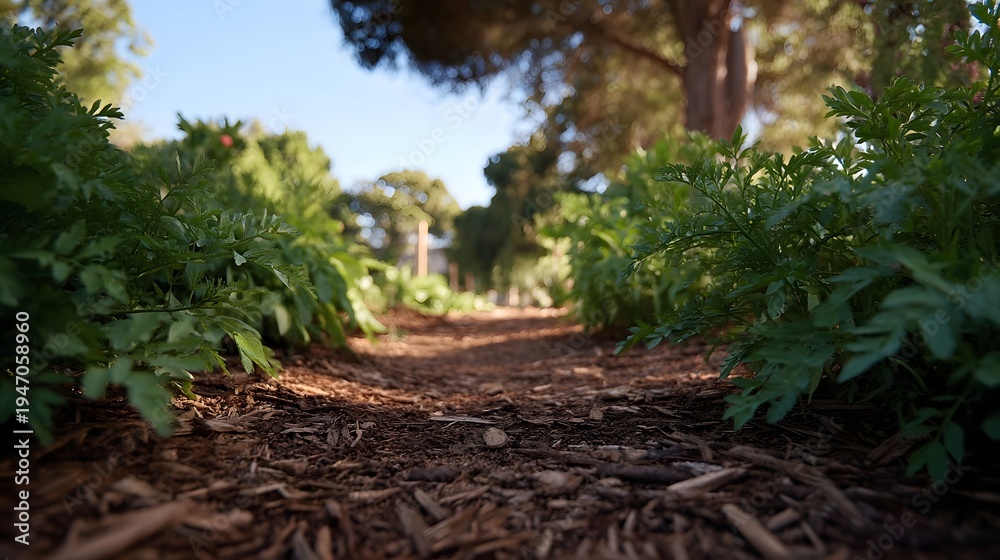 Naklejka premium A low angle view of a sunlit garden path covered in wood chips bordered by lush green foliage and tall trees against a clear blue sky