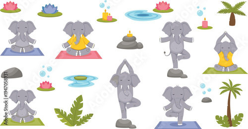 Cute elephant yoga cartoon set practicing meditation poses with lotus water candles tropical elements wellness mindfulness animal vector illustration