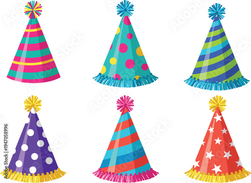 Colorful party hat collection vector illustration, festive birthday cone hats with stripes dots and stars, celebration decoration icons isolated background