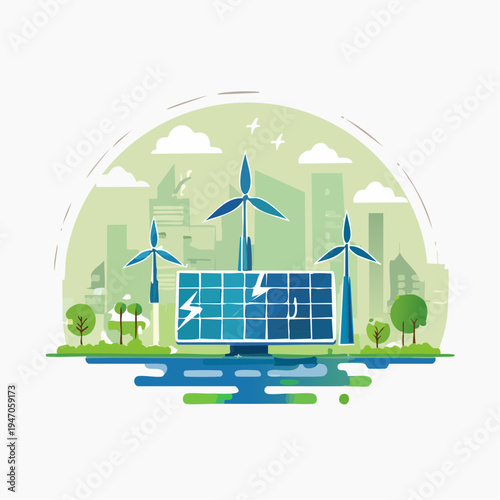Illustrative vision of a green city powered by sustainable energy, featuring wind turbines and solar panels