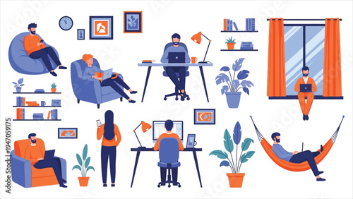 Comprehensive Remote Work Illustration Collection Home Office and Leisure