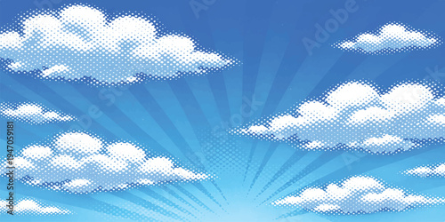 Bright sunlight rays pierce through beautiful white clouds in a clear blue sky, creating a stunning summer nature cloudscape and a bright atmosphere on a sunny day