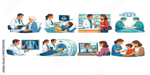 A set of cartoon vector icons featuring a business people team, men, and women in an office circle illustration showing a happy professional group