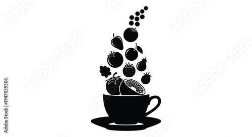 A dark stylized arrangement of various fruits spilling from a teacup presented as a silhouette high quality professional