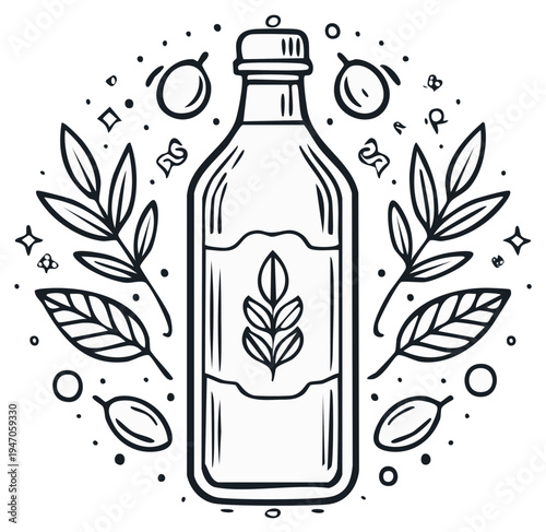 Glass bottle of organic olive oil with olives and botanical leaf decorations