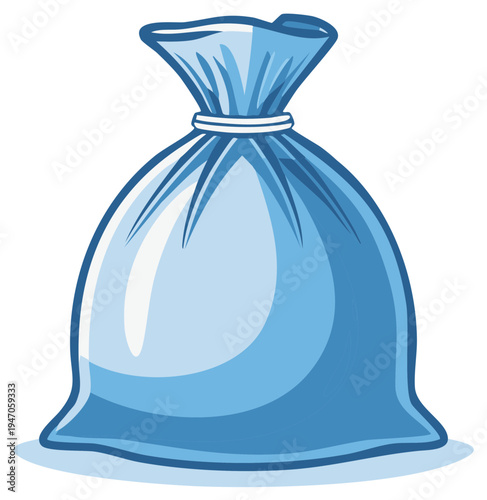 Cartoon illustration of a full blue drawstring bag on a white background