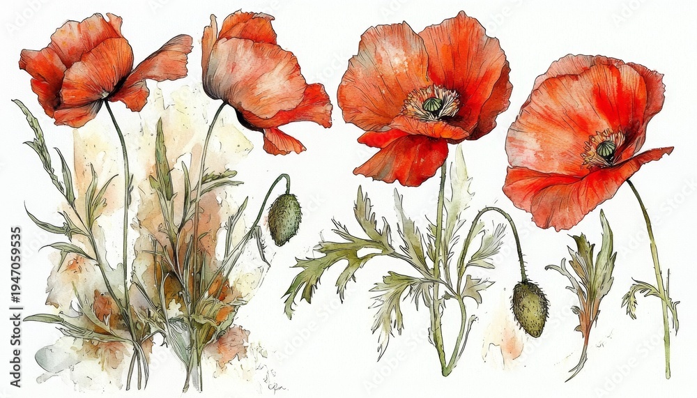 Naklejka premium An isolated set of vibrant wildflowers featuring red poppies.