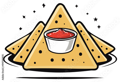 Cartoon-style illustration of nachos with a small bowl of salsa and star accents.