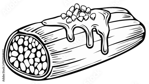 Hand-drawn illustration of a tamale topped with sauce and garnish in a line art style