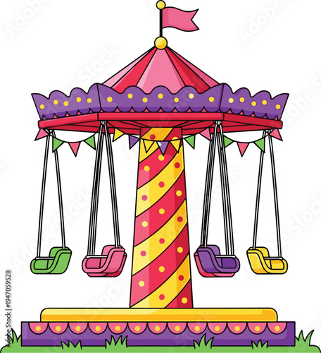 Colorful swing carousel amusement ride vector illustration, carnival chair swing attraction at fairground theme park, festive entertainment icon isolated