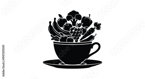 A black silhouette displays a bountiful arrangement of fruits and vegetables overflowing from a teacup silhouette high quality