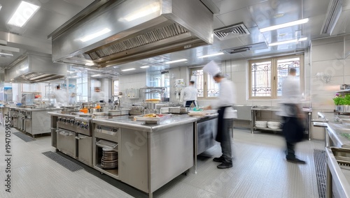 Professional Restaurant Kitchen with Chefs Working in Motion Blur.