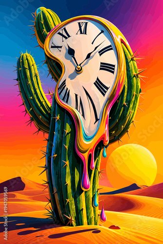 A funny cartoon illustration of a fashionable cat traveling from the desert and beach to a colorful roof, featuring a vector art design with people and nature