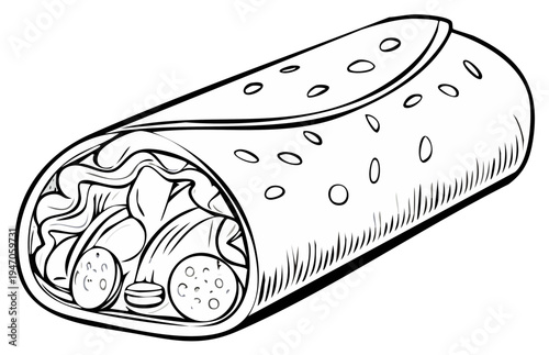 Outline drawing of a delicious wrapped burrito showing savory meat and fresh vegetable filling inside