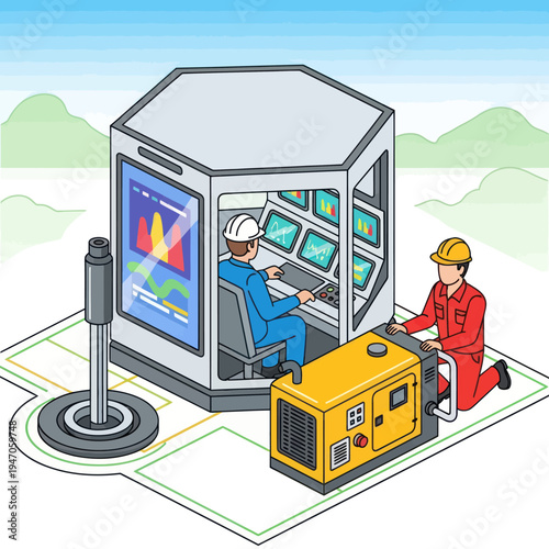 Control room with technicians and generator on blueprint.
