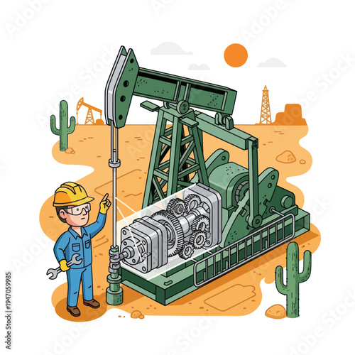 Cartoon oil worker inspecting pumpjack machinery in desert landscape.