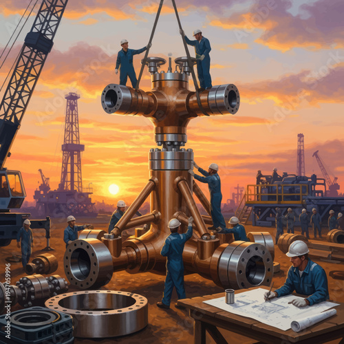 Oil rig workers installing complex industrial equipment at sunset.