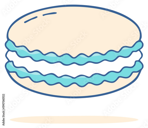 Cartoon illustration of a pastel blue and cream macaroon cookie