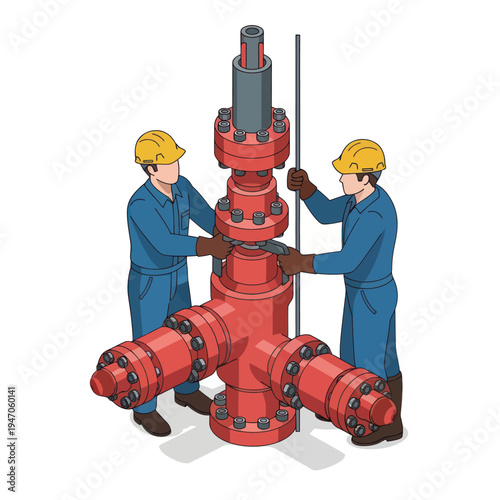 Oil Rig Workers Installing Wellhead Equipment.