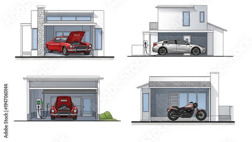 Modern Residential Garage With Electric Car Charger Classic Car And Motorcycle Home Parking Illustration Set