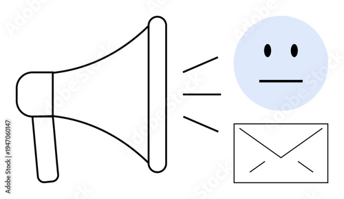 Marketing, online communication, feedback systems, information sharing, message broadcasting, email notifications. Minimalist megaphone emitting lines towards a face and an envelope icon. Marketing