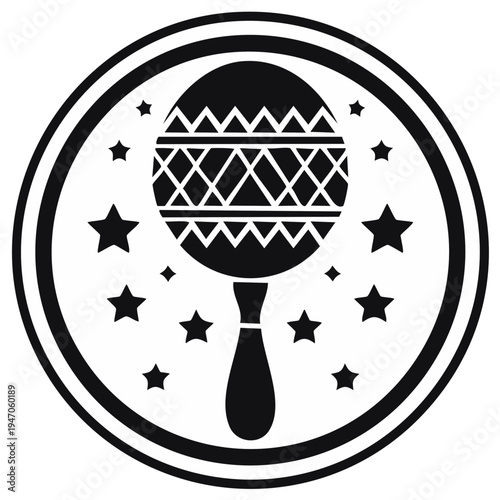 Stylized black and white circular icon of a festive maraca surrounded by stars