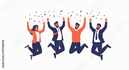 Diverse group of people jumping for joy with confetti, celebrating success and teamwork