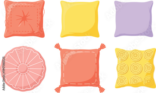Decorative cushion pillows collection with colorful patterns, soft home decor textile set vector illustration isolated on white background, interior design concept