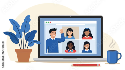 Virtual Meeting & Video Conference Illustration on Laptop Screen