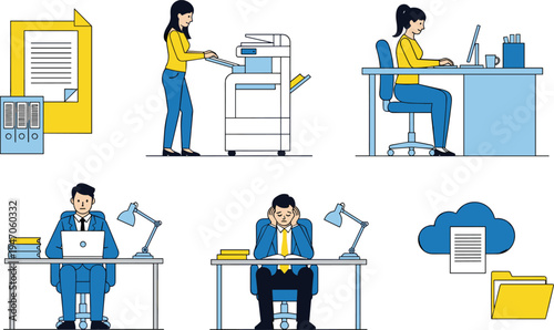Office Work Icon Set Featuring Document Management, Printing, Desk Work, Stress, and Cloud Storage for Business and Productivity Designs