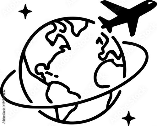 Airplane Flying Around Earth Global Travel Icon Silhouette