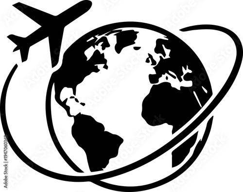Airplane Flying Around Earth Global Travel Icon Silhouette