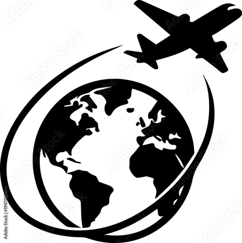 Airplane Flying Around Earth Global Travel Icon Silhouette