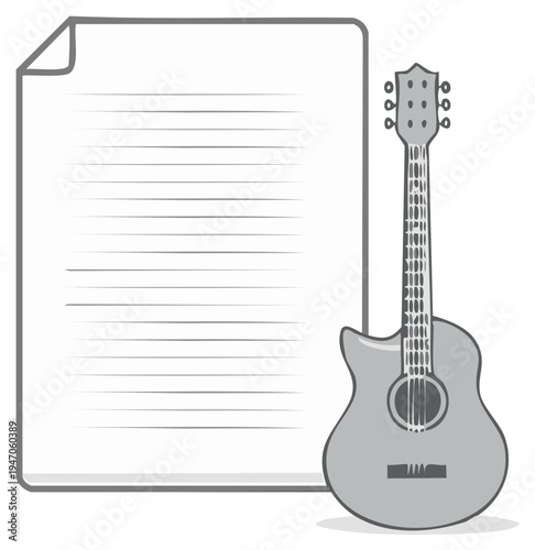 Acoustic guitar and lined paper illustration for music composition and songwriting