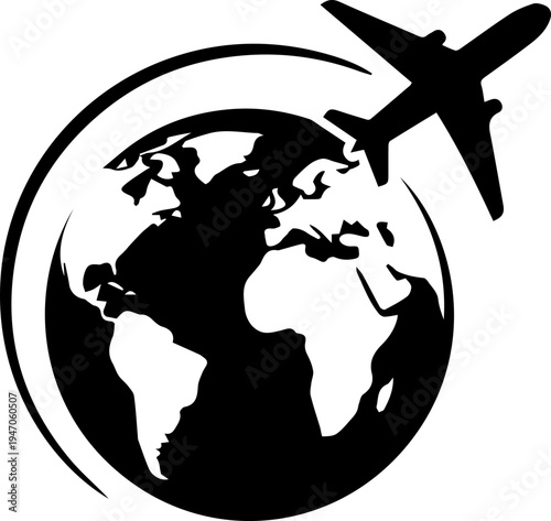 Airplane Flying Around Earth Global Travel Icon Silhouette