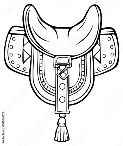 Elaborate saddle drawing for vector use, detailed rendering of riding gear, decorative horse equipment in outline style.