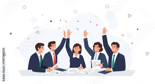 Successful business team celebrating success with hands raised and confetti falling