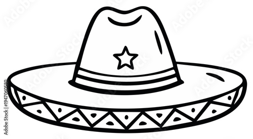 Cartoon Sombrero Hat with Star Emblem and Decorative Band Simple Outline