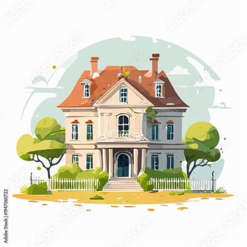 Charming two-story house with a red roof and lush green trees in a suburban setting