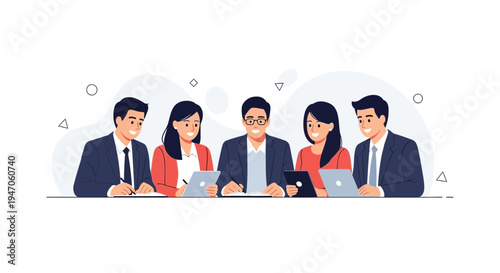 Diverse Business Team Meeting Collaborating Around Table with Laptops and Tablets