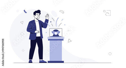 Man Presents Trophy on Pedestal, Celebration with Confetti and Geometric Shapes